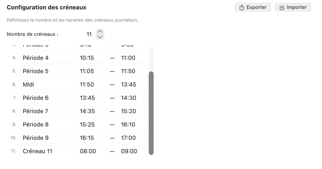 Configuration des créneaux